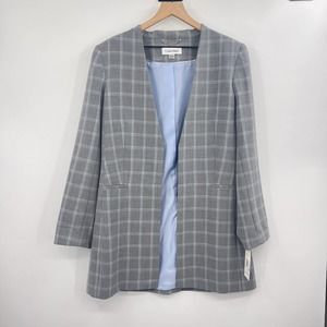 Calvin Klein Gray Blue Windowpane Plaid Long Open Front Blazer Collarless Sz 16